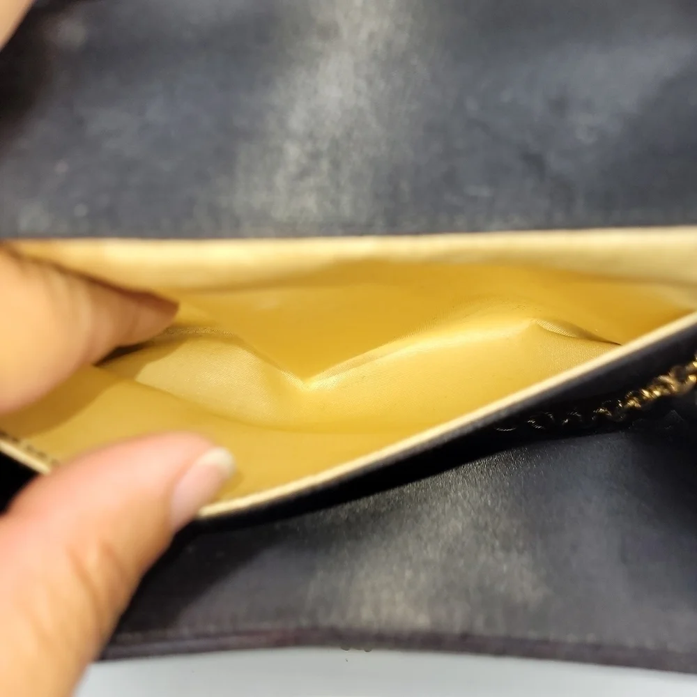 VTG Miss Lewis Black Satin Evening Clutch with Ornate Gold Face Medallion